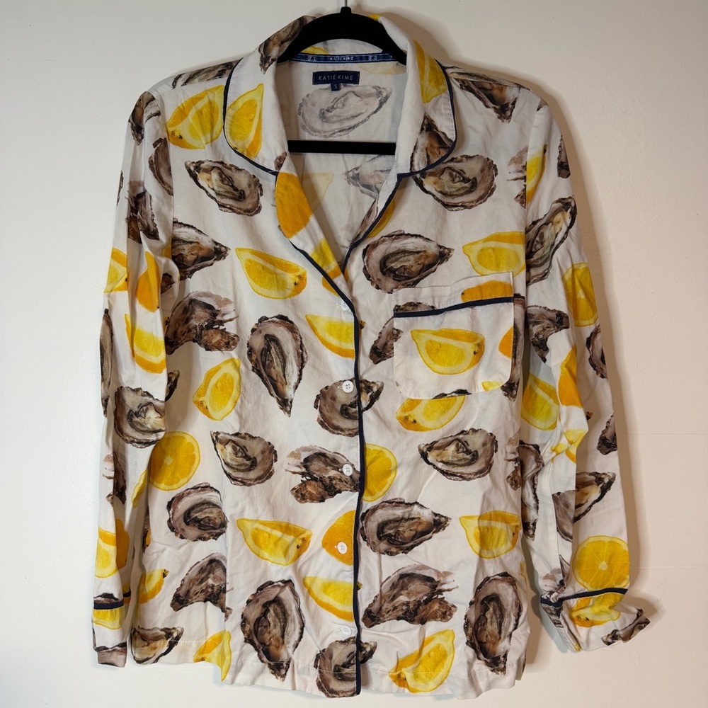 Katie K White Pajama Top with Yellow and Brown Oyster Print